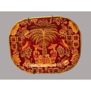 Oriental Accent 14" Decorative Plate Macau Red With Exotic Palm & Figures